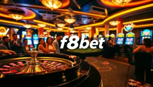 Experience thrilling gaming action at f8bet's vibrant casino scene with roulette and poker tables.