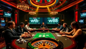 Experience an exciting poker game at W88 casino with professional dealers and vibrant atmosphere.