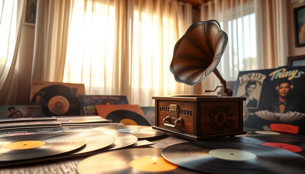Engaging display of gramaphone records alongside a classic wooden gramophone, brimming with vibrant vinyl.