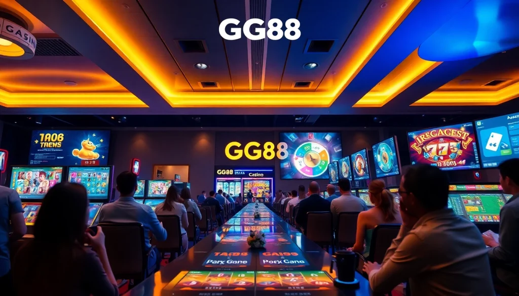 Engaging scene of players on Trang chủ GG88 enjoying various online casino games in a vibrant digital atmosphere.