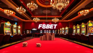 Experience the excitement of F8BET with vibrant casino visuals featuring poker and slot machines.