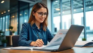 Księgowość dla firmy transportowej w nowoczesnym biurze; kobieta księgowa analizuje dokumenty finansowe.