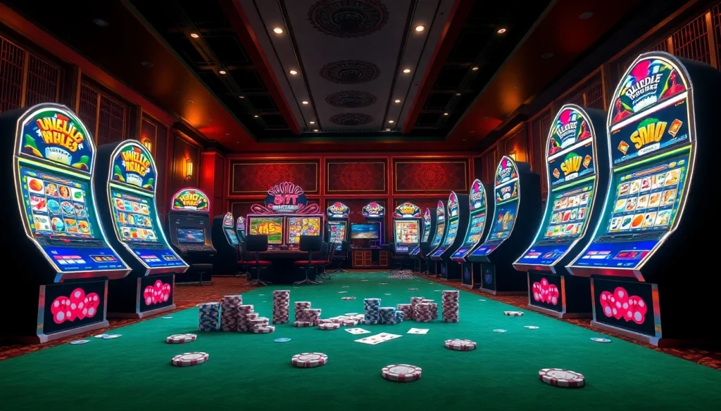 Engage with online slots in a modern casino environment, featuring vibrant colorful reels and animations.