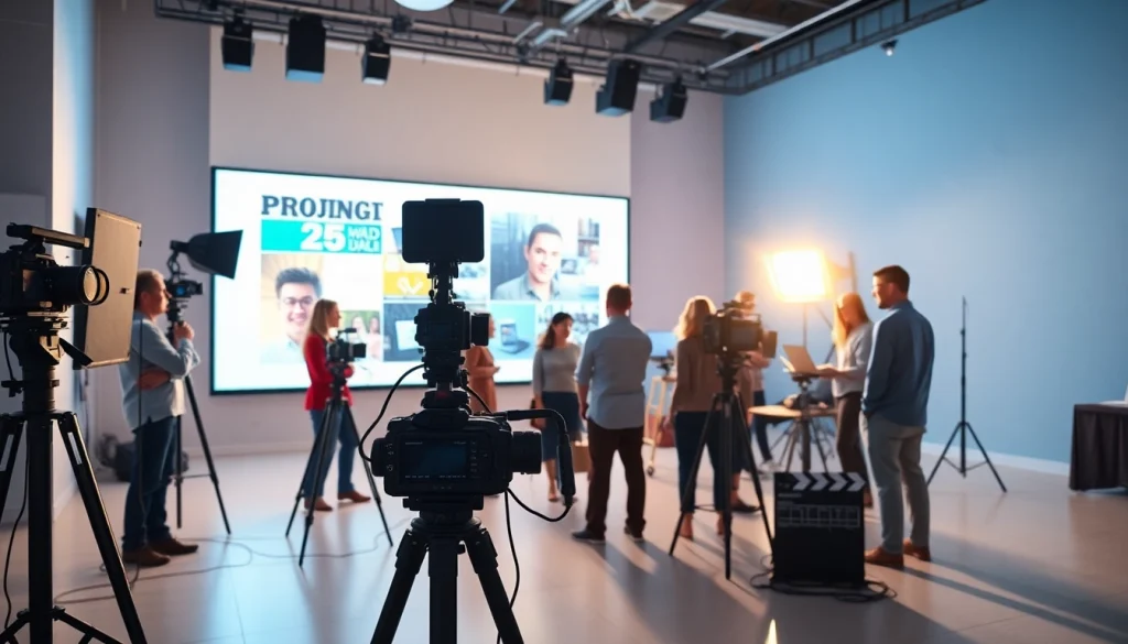 Engaging corporate video production teamwork in a modern studio setting.