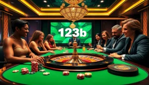 Engaging players at the 123b casino table, showcasing luxury gambling excitement with poker chips and roulette.