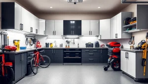 Stylish garage cabinets maximizing space while offering storage solutions for tools and equipment.