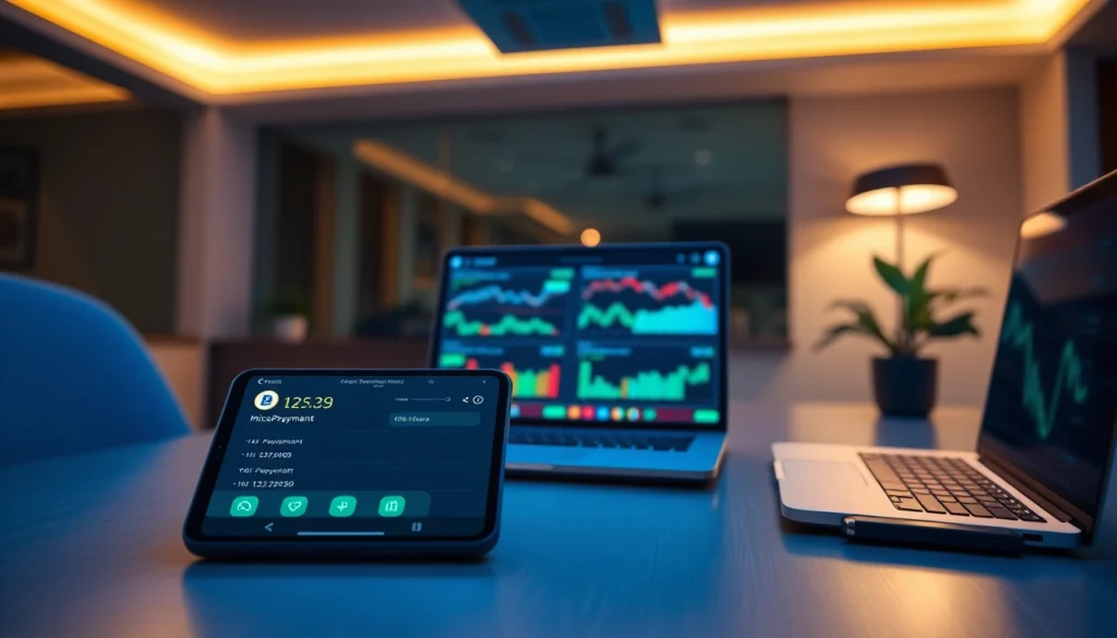 현대 금융 기술을 강조하는 스마트폰 상의 소액결제 거래를 보여주는 몰입감 있는 이미지