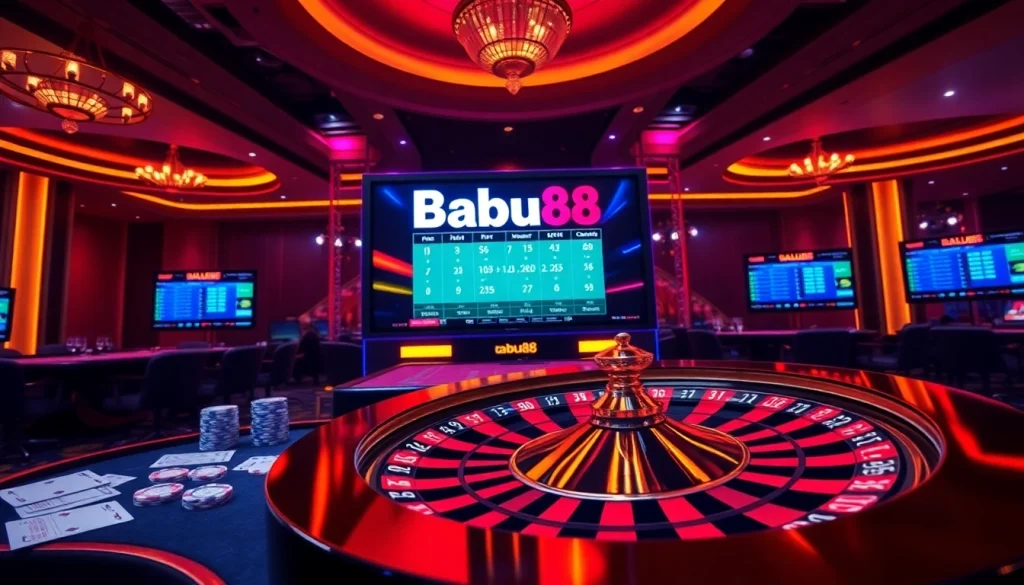 Experience the thrill of Babu88 with vibrant casino gaming visuals featuring poker chips and a roulette wheel.