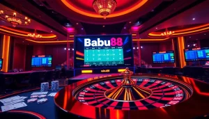 Experience the thrill of Babu88 with vibrant casino gaming visuals featuring poker chips and a roulette wheel.