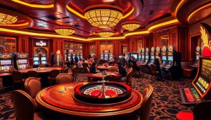 Exciting gameplay at king88 with players at poker tables and roulette wheels.