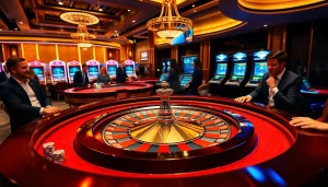 Experience thrilling gameplay at F88BET's sophisticated casino featuring roulette tables and colorful chips.