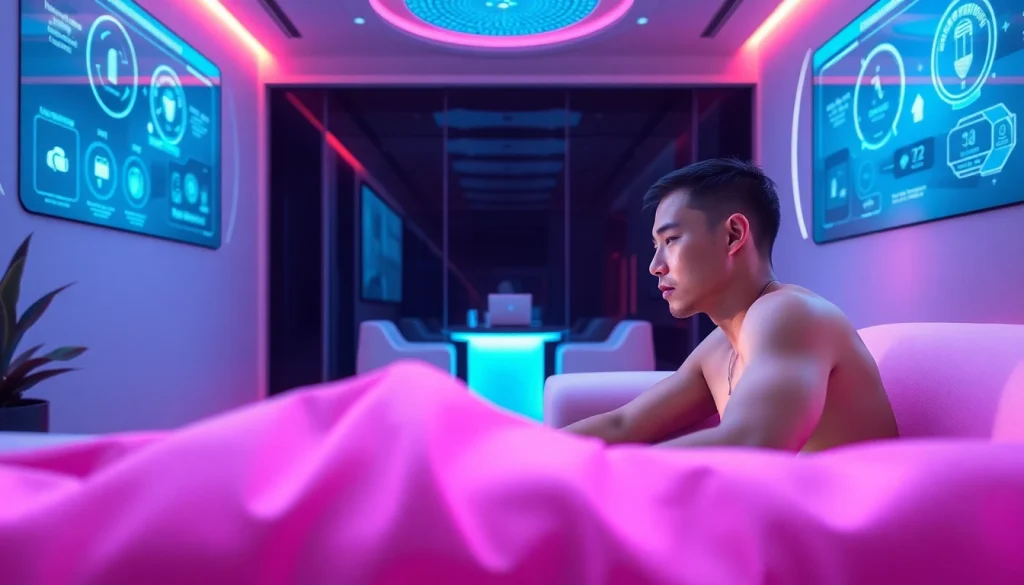 AI sex companion interaction in a futuristic digital lounge with ambient lighting.