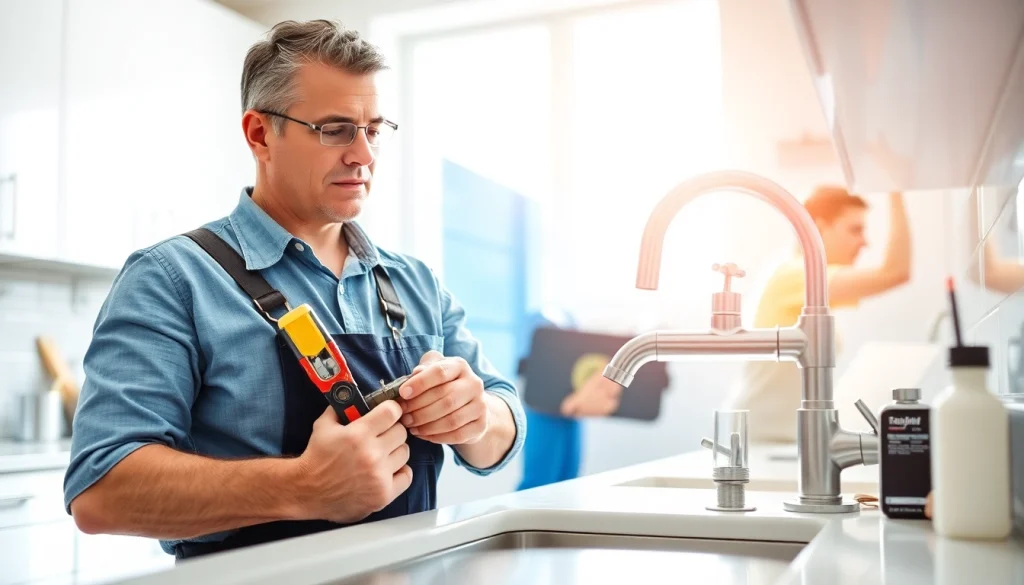Plumber fixing a faucet in a bright kitchen representing quality plumbing from https://speedyservicestoday.com.au
