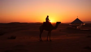 Agafay Desert camel ride at sunset with vibrant colors and traditional Moroccan elements.