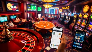 Engaging casino scene highlighting online betting with salad 6688 app and players at poker tables.