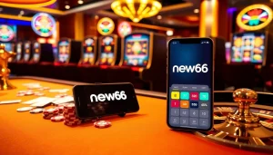 Experience the thrill of new66 with poker chips and spinning slot machines in a bustling casino.