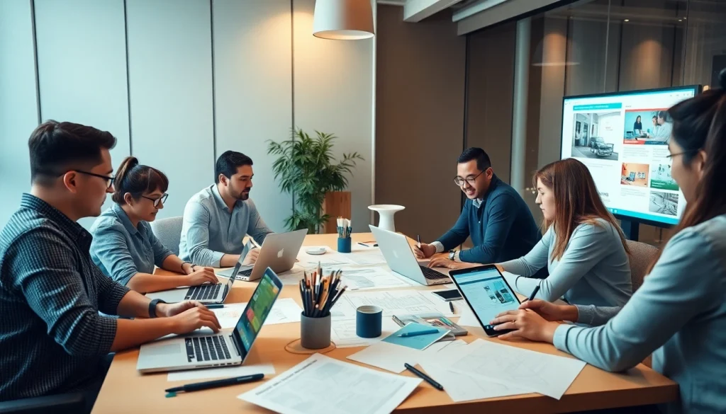Professional team collaborating on thiết kế web in a modern office.