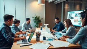 Professional team collaborating on thiết kế web in a modern office.