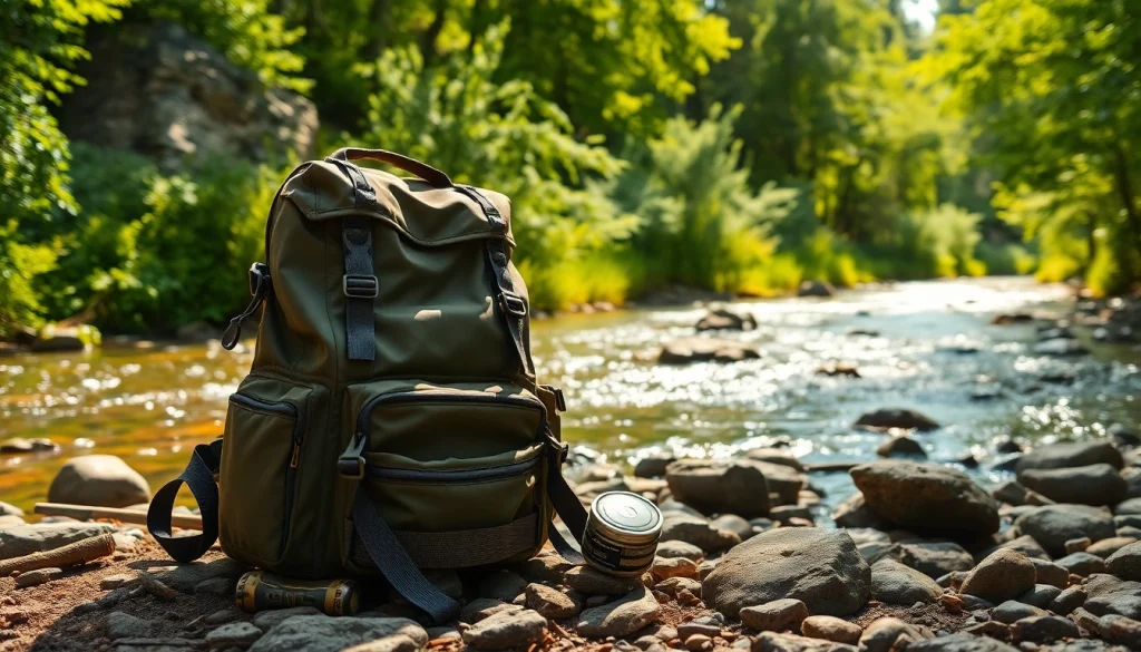 Fly fishing backpack positioned on riverbank showing fishing gear and nature's tranquility.