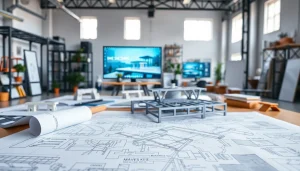 Visualize steel structure design process with architects and blueprints illustrating innovative concepts.