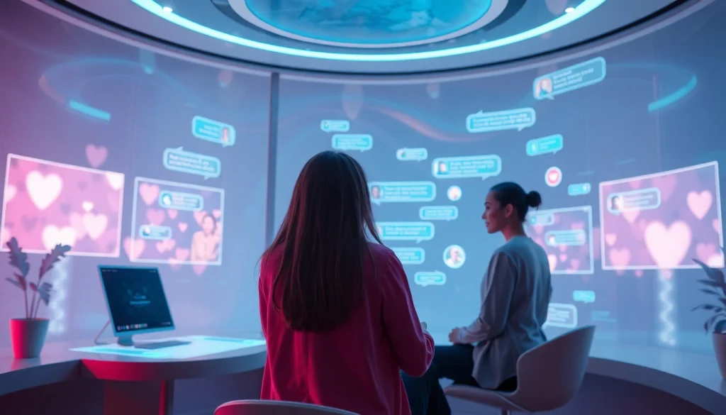 Engaging AI interactions in a futuristic chat setting representing sex ai.