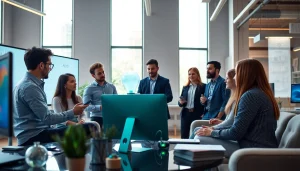 Creative team collaborating on an innovative ai startup in a modern office.