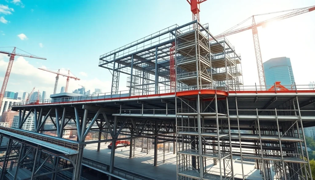 Visual representation of a robust steel structure design with construction elements highlighted.