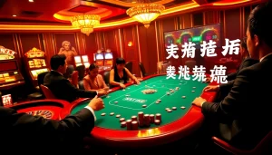 Gambling excitement at a poker table with 주소모음 interface, capturing the luxury of casinos.