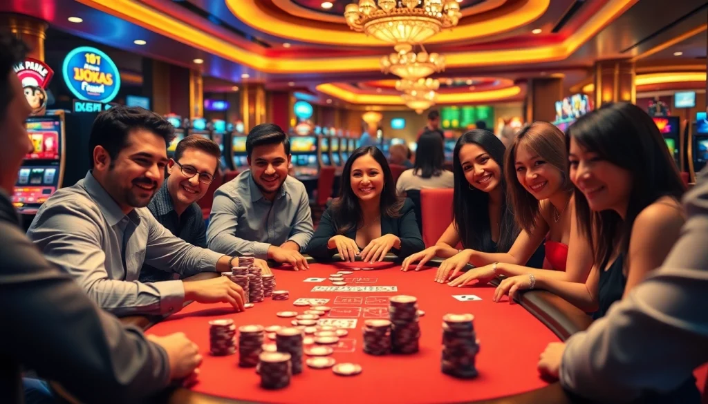 Engaging players at the top 10 nhà cái uy tín poker table, highlighting excitement and vibrant casino atmosphere.