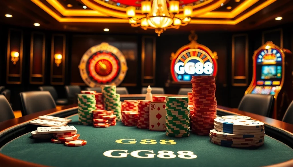Engage with GG88 in a luxurious casino setting showcasing poker, roulette, and slot elements.