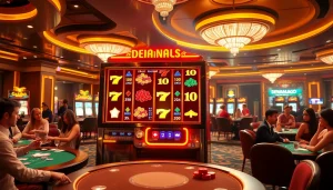 Berinteraksi dengan mesin slot DEWANAGA89 yang mendebarkan di kasino yang hidup penuh semangat.