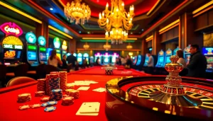 A dynamic casino scene at hi88.photo showcasing a poker table with vibrant chips and cards, embodying excitement.