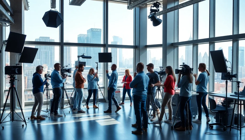 Creative video production edmonton team collaborating in urban studio setting.