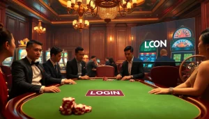 Excited players engaging with 789BET đăng nhập at a luxurious casino tablescape.