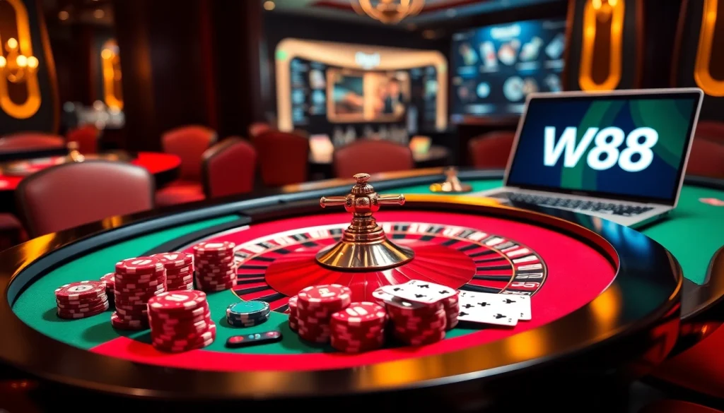 Experience the thrill of gambling at W88 with a vibrant casino scene featuring roulette and online gaming elements.