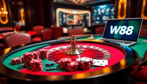 Experience the thrill of gambling at W88 with a vibrant casino scene featuring roulette and online gaming elements.