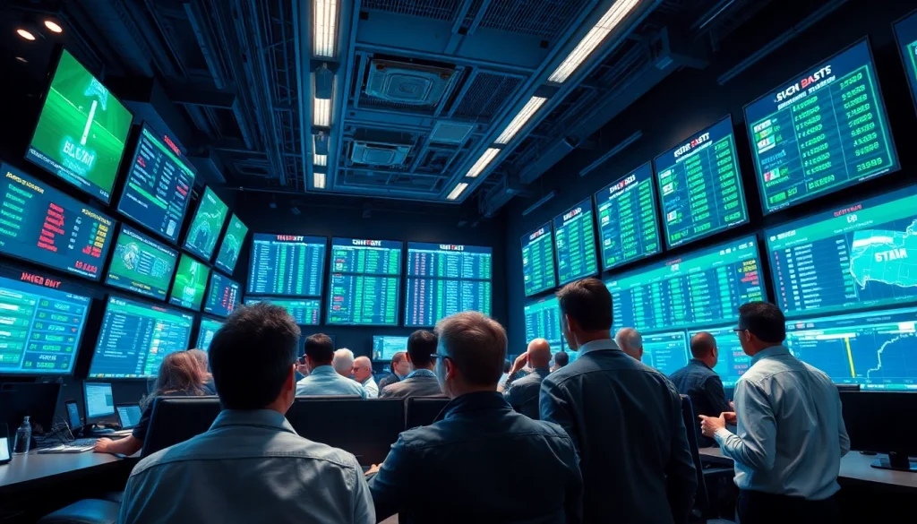 Engaging atmosphere of sportsbooks in New Brunswick with bettors analyzing odds and strategies.