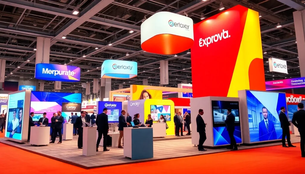 Engaging trade show booth with vibrant displays in a busy exhibition setting.