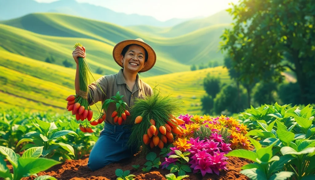 Petani toto bersemangat menunjukkan hasil panen dengan latar belakang hijau subur.