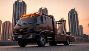 Fast and reliable car recovery services showcased in Dubai at https://trtrecoveryuae.com in vibrant sunset.