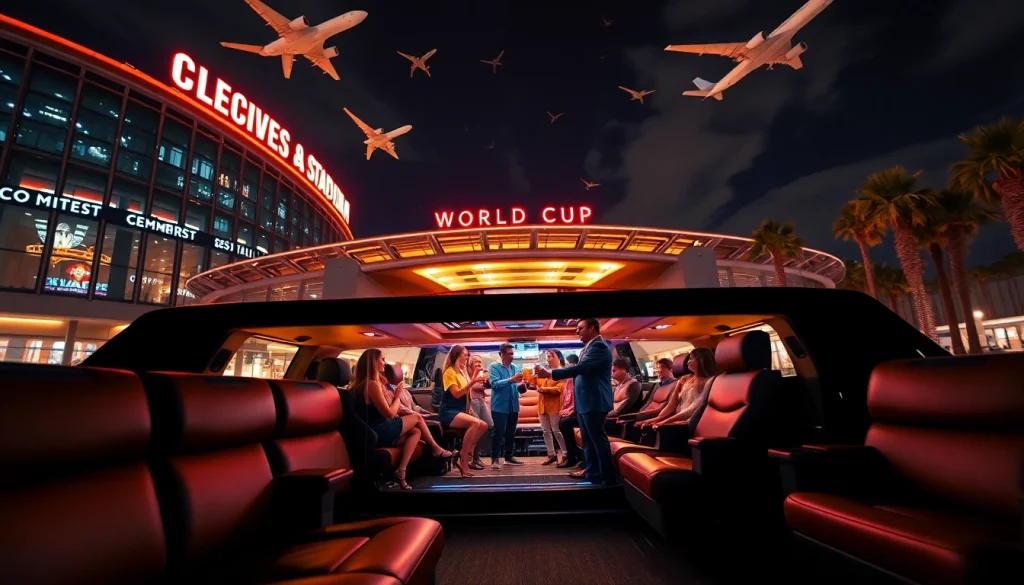 World Cup Group Transportation: Enjoy luxury and style arriving at the LA stadium in a stretch limousine with fans celebrating.
