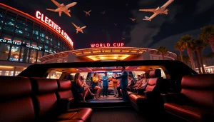 World Cup Group Transportation: Enjoy luxury and style arriving at the LA stadium in a stretch limousine with fans celebrating.