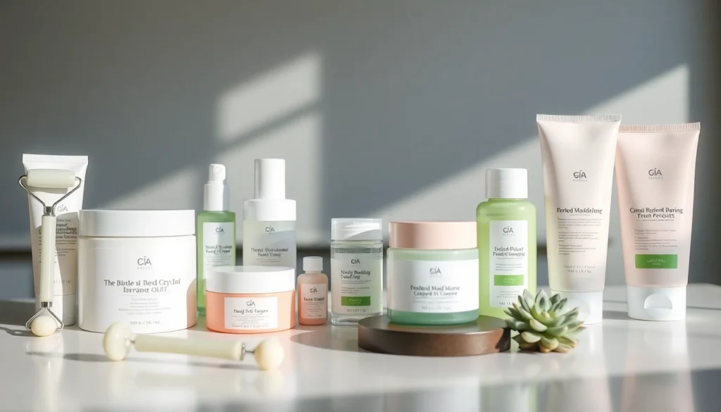 Koreansk hudvård online visas vackert med elegant förpackning och lugna pastellfärger.