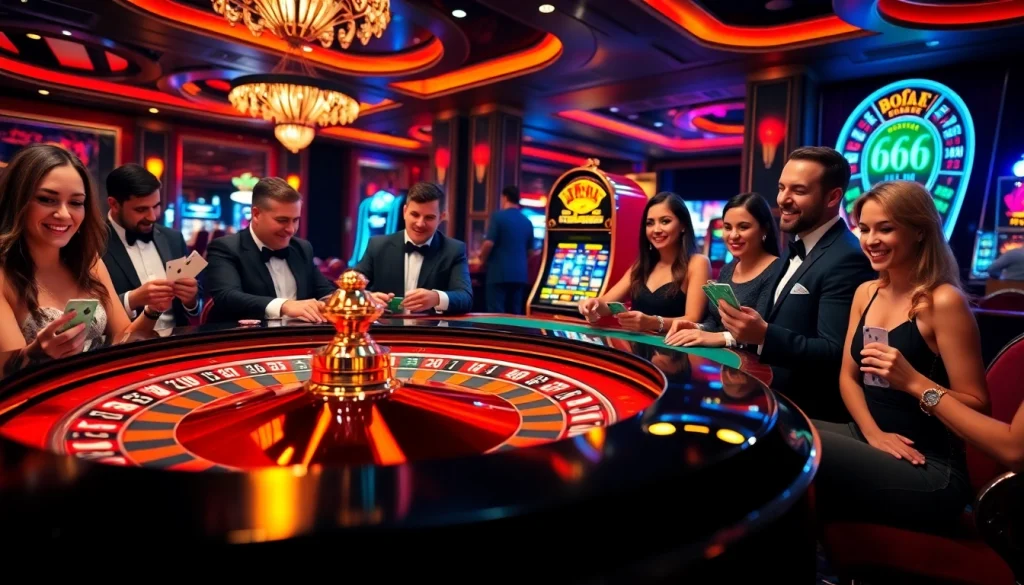 Experience the excitement of new66 in a vibrant casino scene with players at the roulette table.