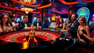 Experience the excitement of new66 in a vibrant casino scene with players at the roulette table.