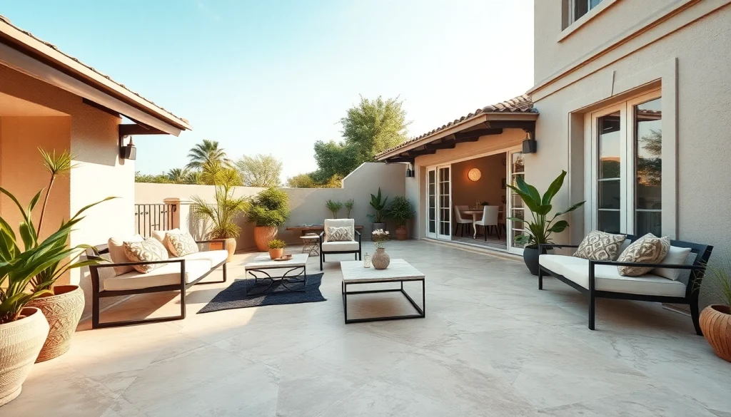 Terrasse extérieure élégante mettant en valeur des carreaux de carrelage extérieur avec du mobilier accueillant et de la verdure.