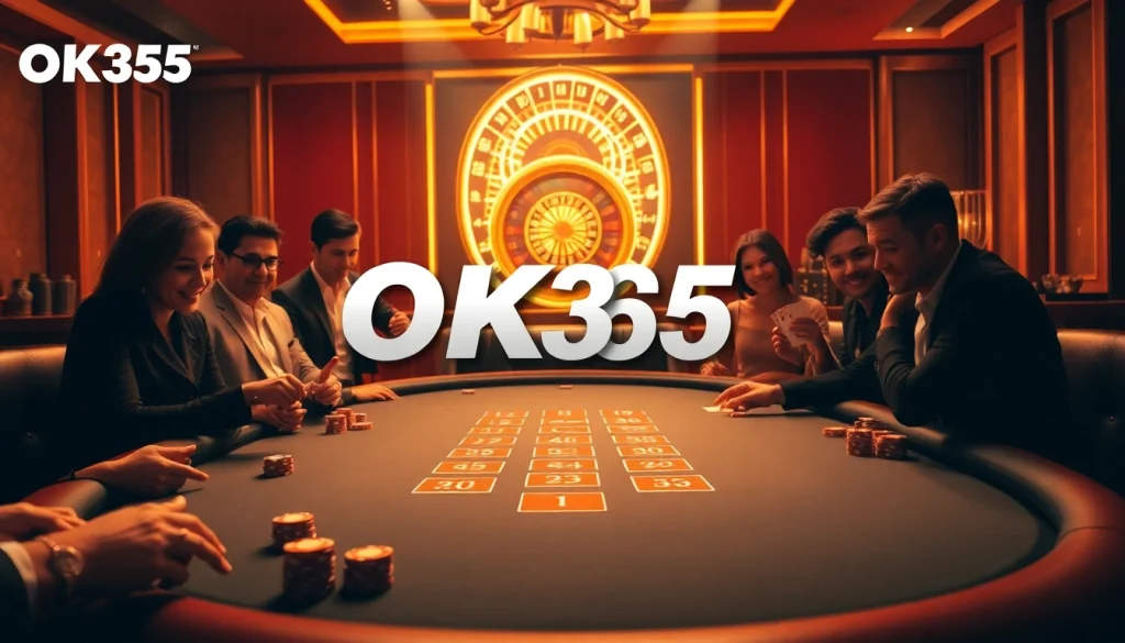 Nha cai OK365 players engaging at a vibrant poker table in a luxurious casino.