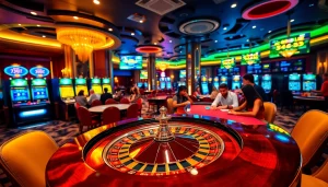 Experience thrilling SHBET gameplay at a luxurious casino with vibrant slot machines and blackjack tables.