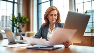 Reviewing Property Insurance Claims paperwork in a professional office setting.