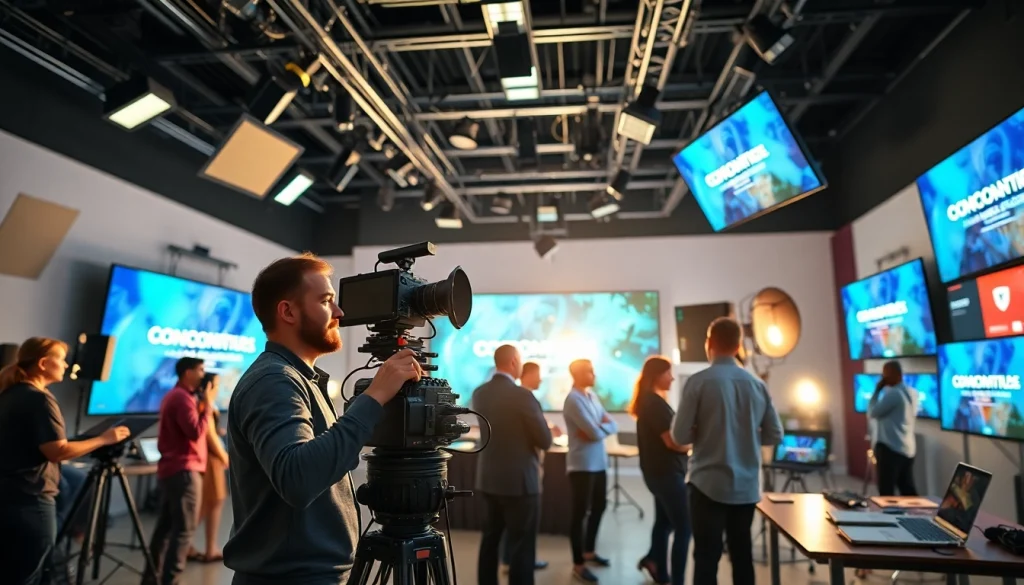 Capture the essence of Corporate Video Production in a vibrant studio setting showcasing a creative team.